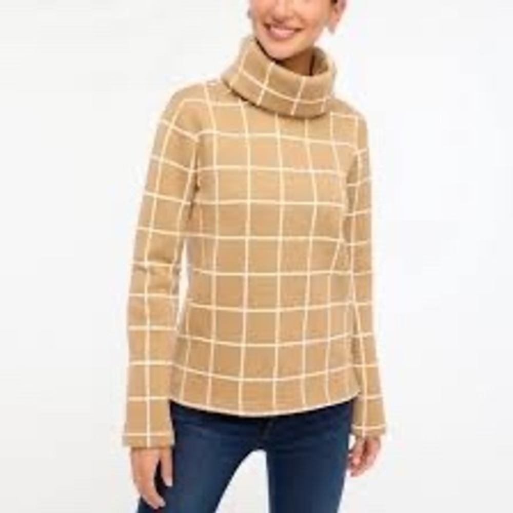 NWT J Crew Tan White Windowpane Grid Pattern Turtleneck Long Sleeve Sweater M